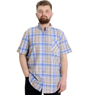 Mode XL Büyük Beden Erkek Gömlek Ekose Kısa Kollu 23301 Kum