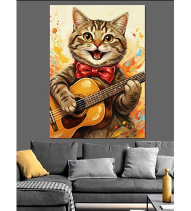 Gitar Çalan Şapkalı Kedi Dekoratif Kanvas - Mdf Ahşap Tablo