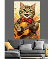 Gitar Çalan Şapkalı Kedi Dekoratif Kanvas - Mdf Ahşap Tablo