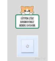 Lütfen Zile Basmayınız Bebek Uyuyor - Sarı Kedi Sticker Kapı Zili Etiketi