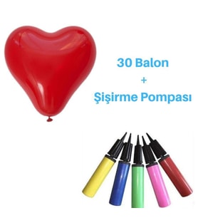 Balon Şişirme Pompası Ve 30 Adet Kalpli Balon Kırmızı Balon (Renksiz)