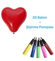 Balon Şişirme Pompası Ve 30 Adet Kalpli Balon Kırmızı Balon (Renksiz)