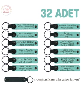 Tüm Festivaller İçin 32'li Set, Kişiye Özel Yazılı Deri Hediyelik Anahtarlık, Turkuaz & Lacivert