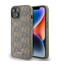 Apple iPhone 14 Uyumlu Kılıf DKNY Orjinal Lisanslı M-safe Şarj Özellikli 3D Yazılı Grid Pattern Kapak (Kahverengi)