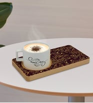 BK Gift Kişiye Özel Retro Motif Tasarımlı Doğal Ahşap Tabaklı Seramik Fincan Sunum Seti  Model 13