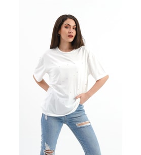 Bisiklet Yaka Halka Ve Boncuk Detaylı T-shirt - Ekru