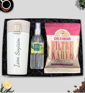 Kişiye Özel 350 ML Kilitli Beyaz Çelik Termos & Colombian Taze Filtre Kahve & 150ml Eyüp Sabri Tuncer Sprey Kolonya Hediye Seti