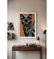Kedi ve Müzik 1. Kalite Ahşap Çerçeveli Tablo