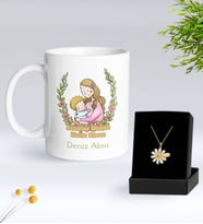 BK Gift Kişiye Özel Anneler Günü Tasarımlı Beyaz Kupa ve Papatya Kolye Hediye Seti - 6, Anneler Günü Hediyeleri, Anneye Hediye