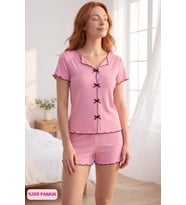 Çağrı Kadın Düğmesiz Fitilli Kumaş Fiyonklu %100 Pamuk Fırfır Kısa Kol Mini Şortlu Pijama Takımı