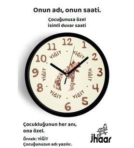 İsme Özel Sevimli Zürafa Çocuk Odası Duvar Saati Orta Boy 30 cm Siyah Camlı Sessiz