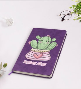 BK Gift Kişiye Özel Kaktüs Tasarımlı Mor Termo Deri Defter Model 2