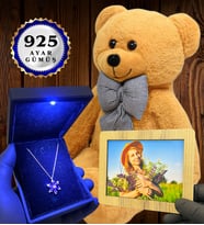Kişiye Özel Premium Set Büyük Boy Kahve Peluş Ayıcık ve Gerçek 925 Ayar Gümüş Kolye (Model 1)