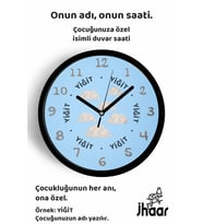 İsme Özel Bulut Çocuk Odası Duvar Saati Orta Boy 30 cm Siyah Camlı Sessiz