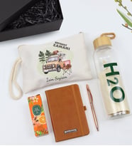 Kişiye Özel Baskılı Ham Bez El Çantası & Mini Not Defteri & Bambu Kapaklı 600 ml Cam Matara &  Rose Tükenmez Kalem & Eyüp Sabri Tuncer Mini Kolonya Hediye Seyahat Seti