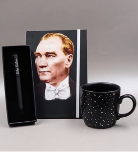 Kişiye Özel Mustafa Kemal Atatürk Resimli Defter & Siyah Mat Roller Kalem & Yıldız Desenli Siyah Mat Kupa Hediye Seti