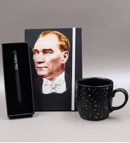 Kişiye Özel Mustafa Kemal Atatürk Resimli Defter & Siyah Mat Roller Kalem & Yıldız Desenli Siyah Mat Kupa Hediye Seti