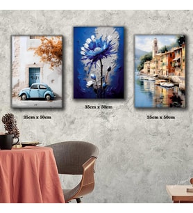 mavi çiçek kıyı tekne ve evler tablosu 3 adet 35cmx50cm kumaş baskılı canvas tablo