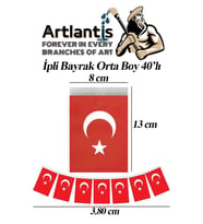 İpli Bayrak Orta Boy 40'lı 8x13cm 1 Paket Türk Bayrağı Kağıt İpli Sıralı Ayyıldız Bayrak Sınıf Süsü Okul Bayram (Kırmızı-Beyaz)