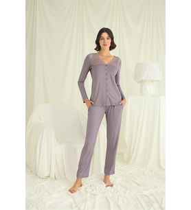 Mulvxbrf Brf02 Yakası Kolu Ve Omzu Dantelli Boydan Düğmeli Pijama Takımı (Mulvix)
