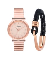 Forentina Rose Metal Kol Saati-Rose Siyah Deri Bileklik Set PS4145