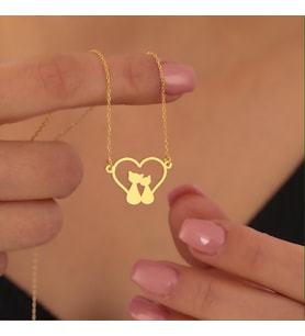 Kişiye Özel 925 Ayar Gümüş Minimal Çift Kedi Kalp Kolye (Gold)