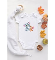 Unisex Bebek Tom Ve Jerry Organik Baskılı %100 Pamuklu Beyaz Çıtçıtlı Body Zıbın