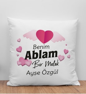 BK Gift Kişiye Özel Benim Ablam Bir Melek Tasarımlı Beyaz Kırlent Yastık, Ev Hediyesi, Doğum Günü Hediyesi
