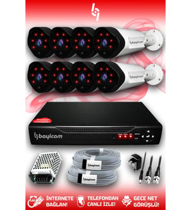 BAYICAM 8 Kameralı Uzay 8 Dış Kamera Set HDD'siz Full HD Gece Görüşlü Güvenlik Kamerası Sistemi