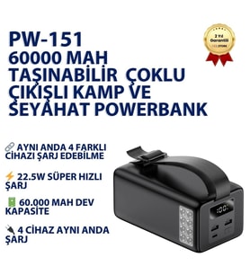 60000 mAh Taşınabilir Şarj Cihazı 22.5W Hızlı Şarj Çoklu Çıkışlı Kamp ve Seyahat Powerbank