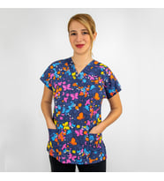 Unisex Butterfly Desenli Esnek  Likralı Veteriner Doktor Aşçı Scrubs Tek Üst Forma (Mavi)