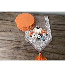 JÜT ZEMİN ÜZERİNE BALKABAĞI DESENLİ RUNNER & SUPLA (Çok Renkli)