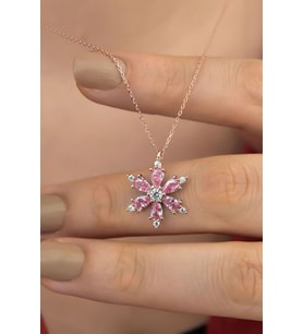 925 Ayar Gümüş Pembe Taşlı Kamelya Çiçeği Kadın Kolye