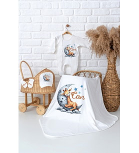 Pia Baby Premium  %100 Pamuk İsme Özel Erkek Bebek Hastane Çıkışı Tulumlu Bebek Hediye Seti 5032-05 (Ekru)