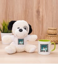 Kişiye Özel Kalp Detaylı Fotoğraflı  Peluş Köpek ve Yeşil Kupa