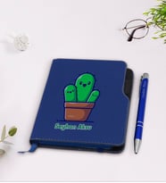 BK Gift Kişiye Özel Kaktüs Tasarımlı Lacivert Termo Deri Defter Kalem Seti-3