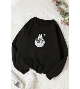 Unisex Astronot Bisiklet Yaka Sweatshirt (Siyah)
