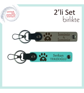 Hayvan Sevgisini Yansıtan Deri Set, Kalpli Pati Motifiyle Kişiye Özel Tasarım, Kül Gri-Turkuaz