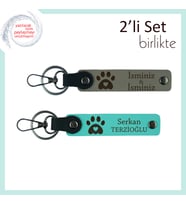 Hayvan Sevgisini Yansıtan Deri Set, Kalpli Pati Motifiyle Kişiye Özel Tasarım, Kül Gri-Turkuaz