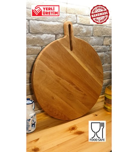F&S WoodArt Meşe Ağacı - Doğal Ahşap - Saplı - Kesme - Pizza -sunum - Et - Ekmek Tahtası Yuvarlak 30 Cm Çap
