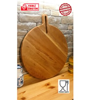 F&S WoodArt Meşe Ağacı - Doğal Ahşap - Saplı - Kesme - Pizza -sunum - Et - Ekmek Tahtası Yuvarlak 30 Cm Çap