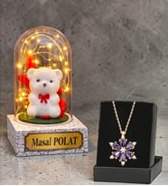 Led Işıklı Kişiye Özel Fanus ve Gerçek Ametist Taşlı Lotus Kolye (Model 4)