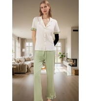 Kadın Leopar Desenli Pamuklu Pijama Takımı Regular Kalıp Rahat Ev Giyim Yüksek Kalite Ve Şık (Ekru-Yeşil)