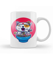 Kedi Cat Eating Ramen Noodle Kupa Bardak Porselen