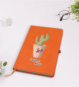 BK Gift Kişiye Özel Kaktüs Tasarımlı Turuncu Termo Deri Defter Model 5