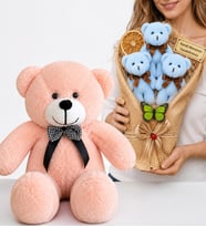 Kişiye Özel Yazılı Mavi Büyük Boy Peluş Ayıcık Buketi ve 50 cm Pembe Peluş Ayıcık Hediye Seti
