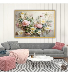 Metal Çerçeveli Yatay Cam Tablo Soft Pembe ve Sarı Beyaz Çiçek (Gold)