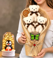 Krem Peluş Ayıcıklı Buket ve Led Işıklı Penguenli Fanus Hediye Seti