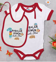 BK Kids İlk Babalar Günü Tasarımlı Kırmızı Bebek Body Zıbın ve Mama Önlüğü Hediye Seti-4
