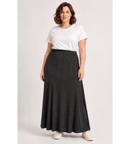 Yüksek Bel Sandy Kumaş Panelli Dökümlü Battal Boy Maxi Etek Y26-90980-Siyah